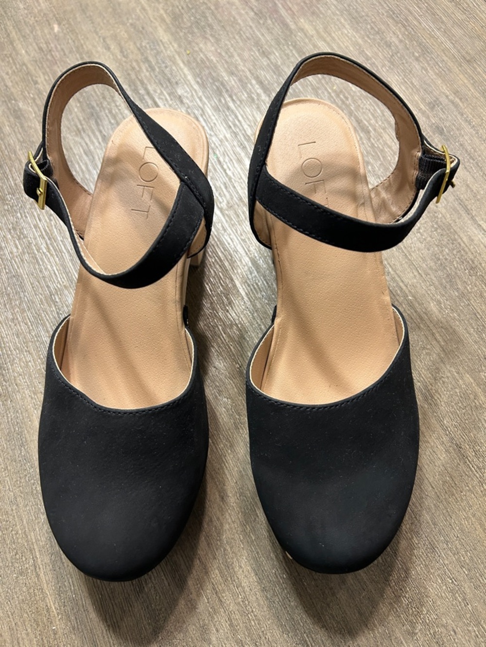 LOFT Black Suede Ankle Strap Mules, Size 7.5, Color Black, semi New.